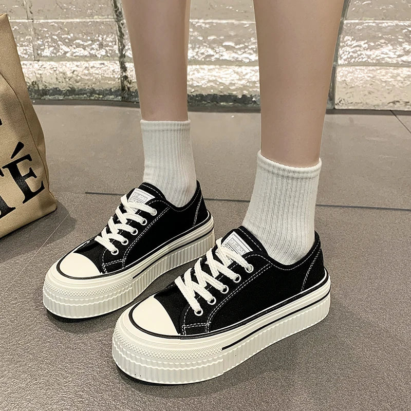 Women's Canvas Lace-Up Shoes – Casual Thick Heel Low-Top Flats Canvas Flat Shoes Axl