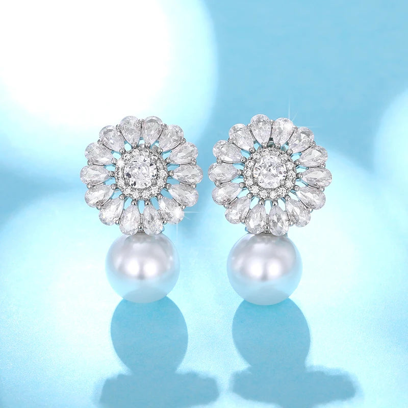 Huitan Bridal Pearl CZ Drop Earrings – Iced Out Silver Drop Earrings Axl