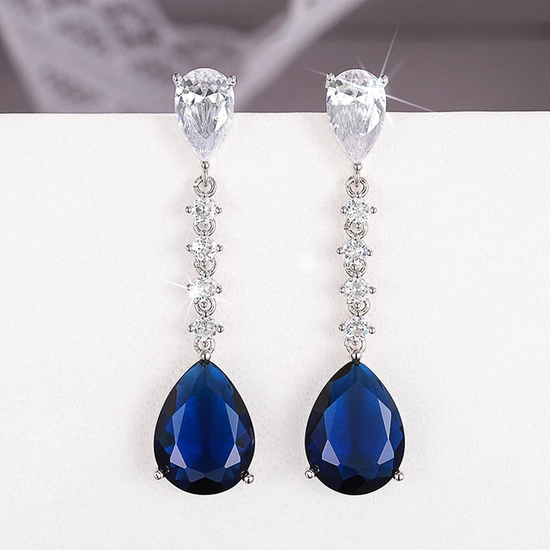 Huitan Blue CZ Waterdrop Long Drop Earrings for Women Drop Earrings Axl
