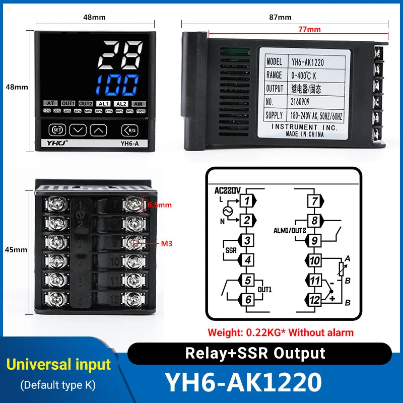 CKCTINNER YH6 PID Temperature Controller – SSR & 4-20mA Output PID Temperature Controller Axl YH6-AK1220