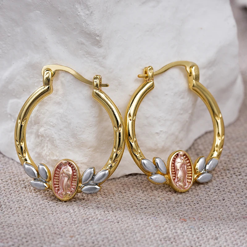 Huitan Virgin Mary Gold Hoop Earrings – Enamel Leaf Circle Hoop Earrings Axl