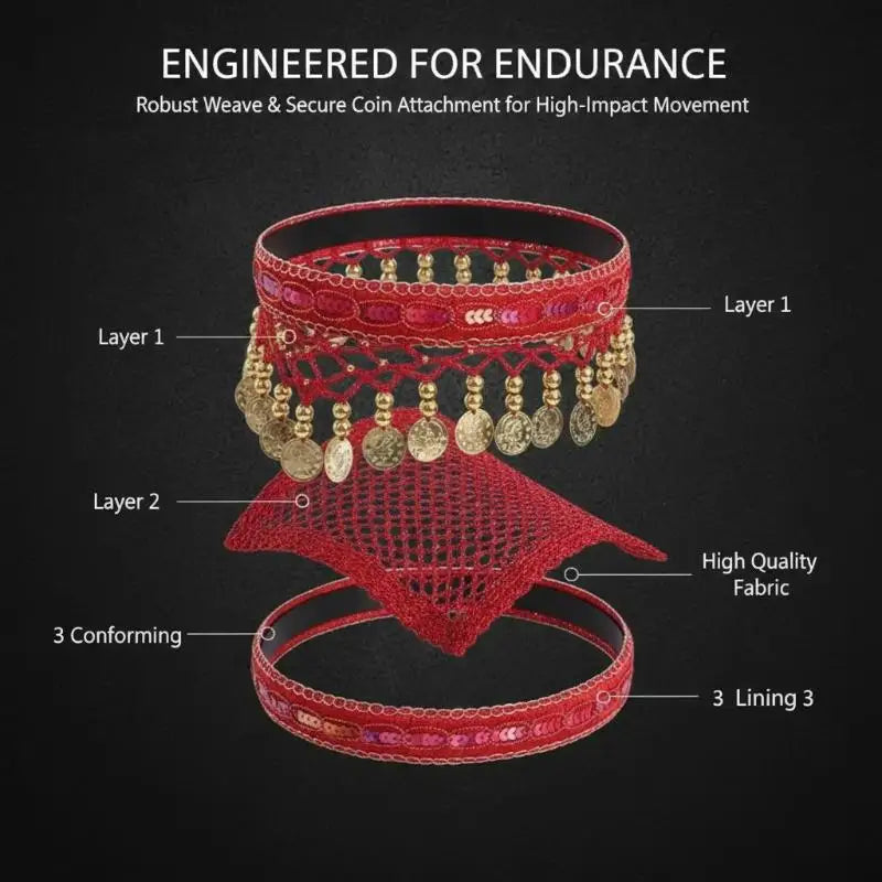 Ethnic Belly Dance Headband – Red Sequin Coin Fringe Headpiece Dance Headband Axl