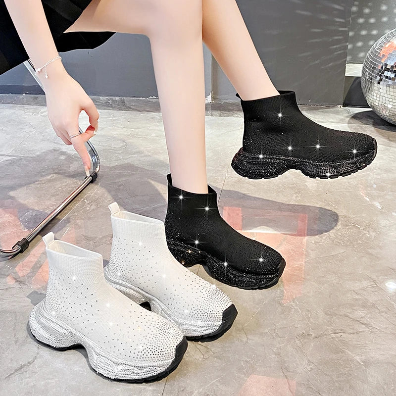 Women's Rhinestone Knit Wedge Mid-Calf Boots | Platform Sock Boot Platform Wedge Boots Axl