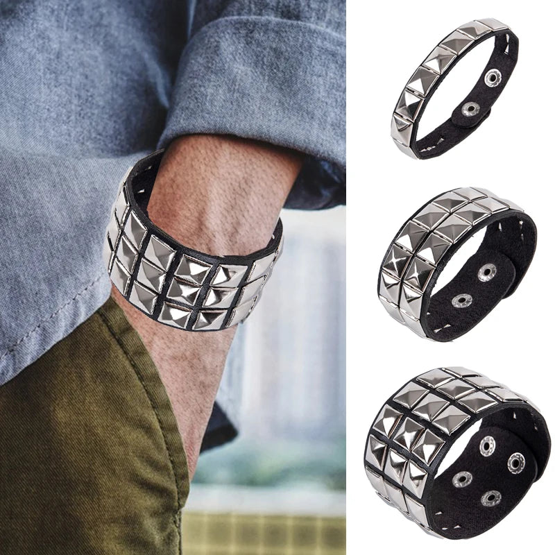 Rivet Stud Wide Cuff Punk Gothic Bracelet – Unisex PU Leather Cuff Bangle Bracelet Axl