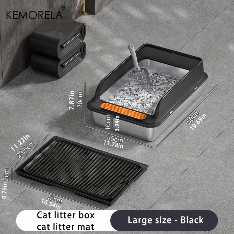 KEMORELA XL Stainless Steel Cat Litter Box with Anti-Splash Mat Cat Litter Box Axl Black 50cm