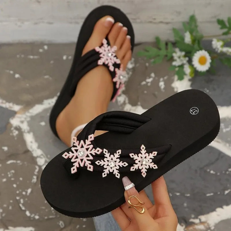 Women's Rhinestone Snowflake Flip Flops – Black Wedge Sandals Thong Sandals Axl