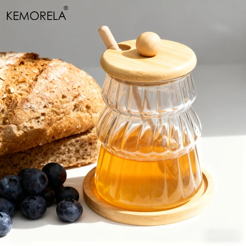 KEMORELA Glass Honey Jar Set with Wooden Stir Stick & Lid Glass Storage Jar Set Axl