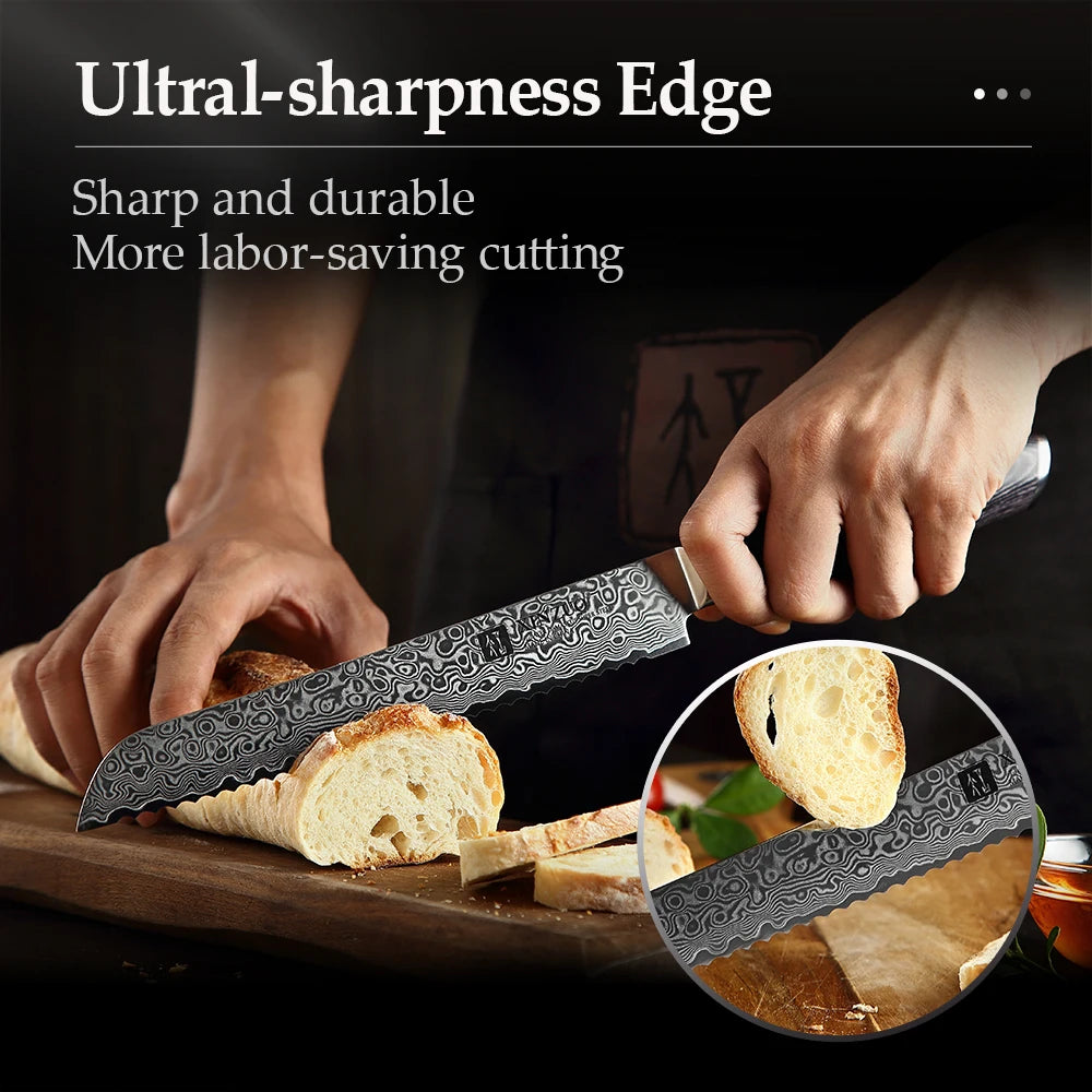 XINZUO 8" Damascus Bread Knife – 67-Layer Steel Pakkawood Damascus Bread Knife Axl