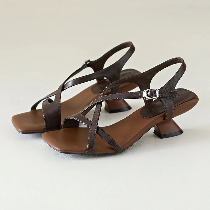 Women's Square Toe Strappy Block Heel Sandals | Party Slingbacks Strappy Block Heel Sandals Axl Brown 38
