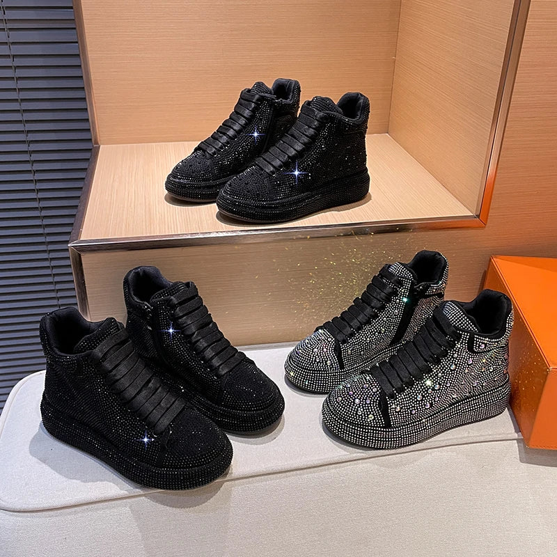 Women's Rhinestone Platform Sneakers – Shiny Lace-Up Casual Shoes Platform Sneakers Axl