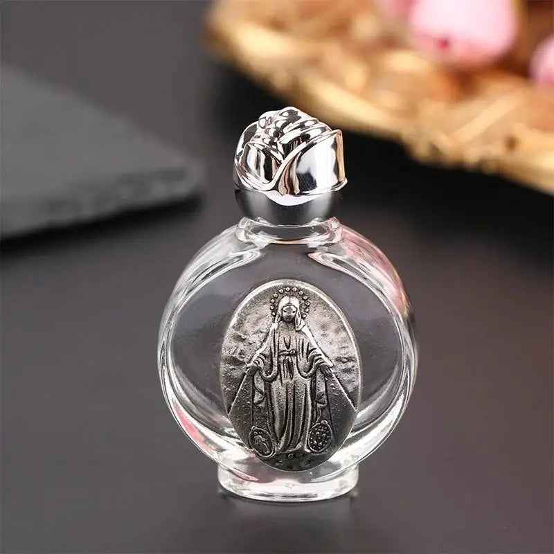 Holy Water Glass Bottle – Christian Virgin & Rose Cross Design Religious Glass Bottle Axl Silver