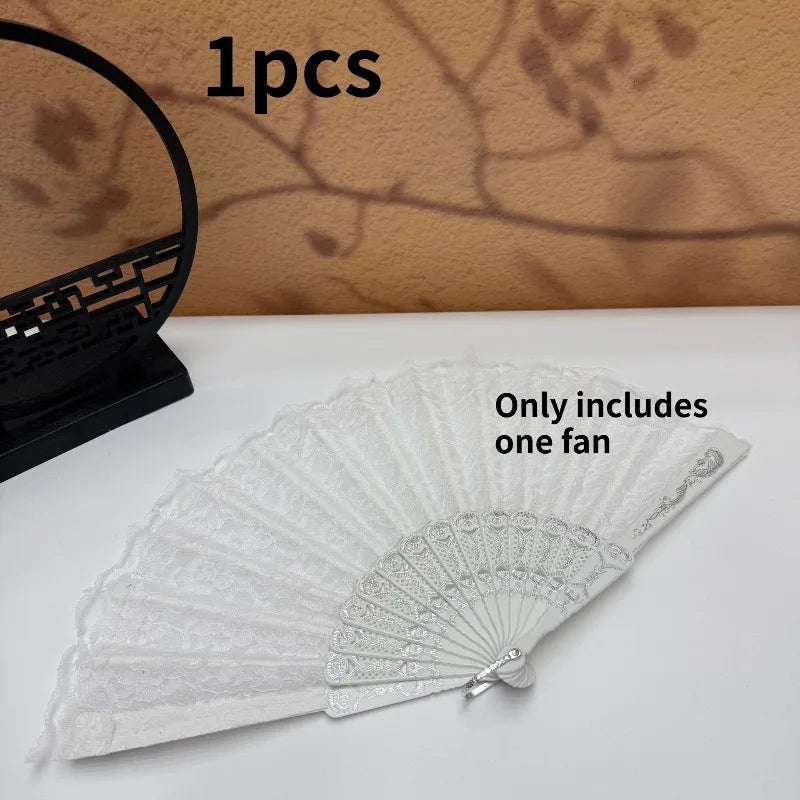 Vintage Lace Folding Fan – Chinese Japanese Art Craft Décor Decorative Folding Fan Axl WhiteB-1pcs