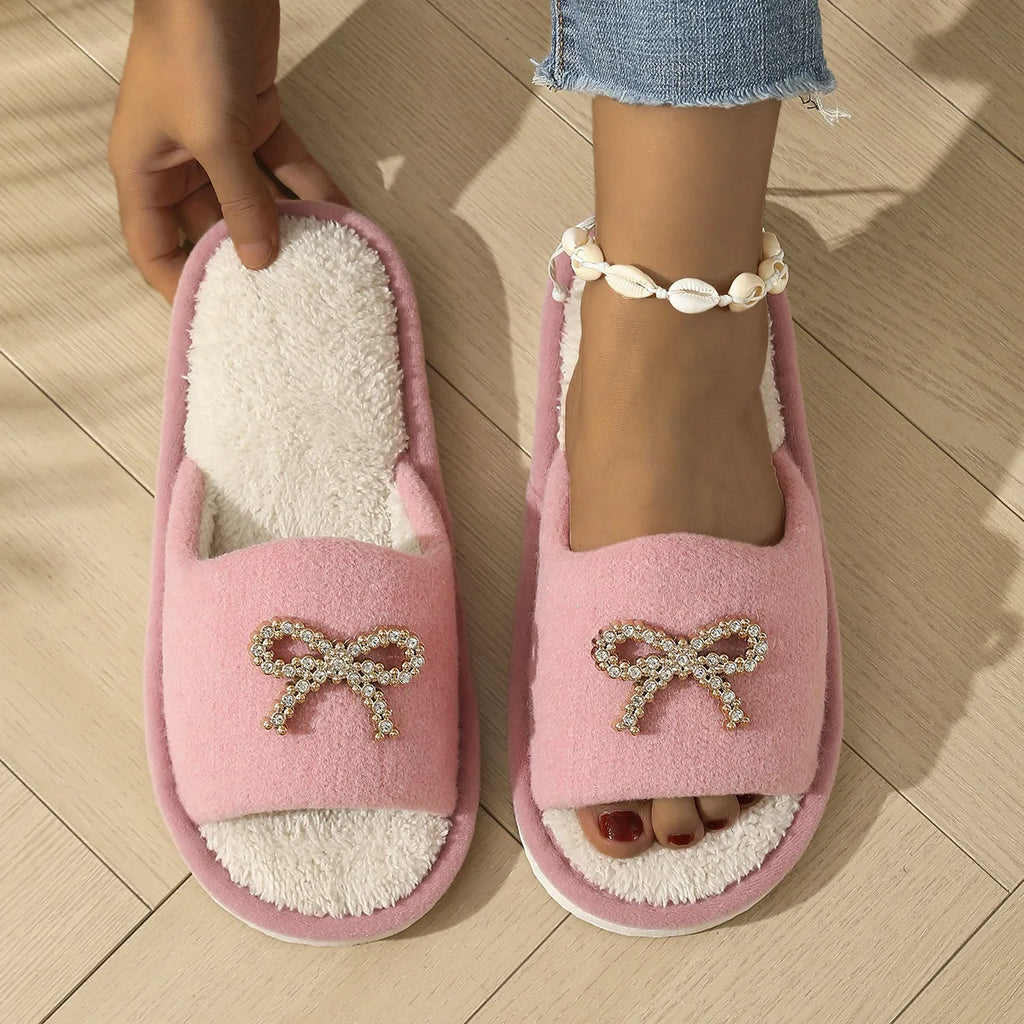 Women's Open Toe Plush Slippers – Butterfly-Knot Cork Sole Women's Slippers Axl