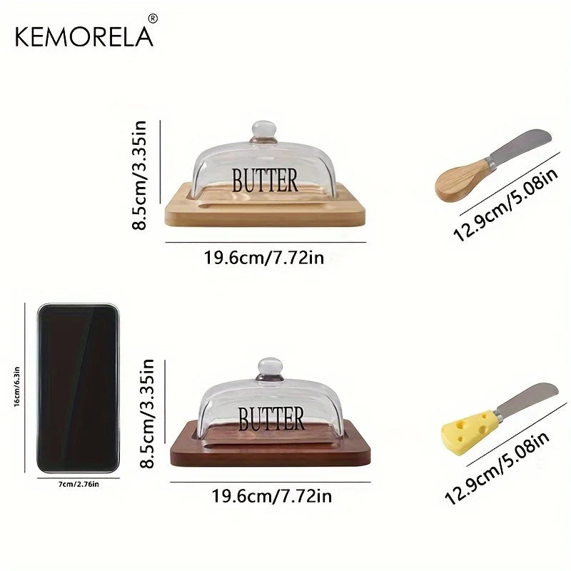 KEMORELA Wood Butter Dish with Glass Lid & Knife | Cheese Plate Butter Dish Set Axl