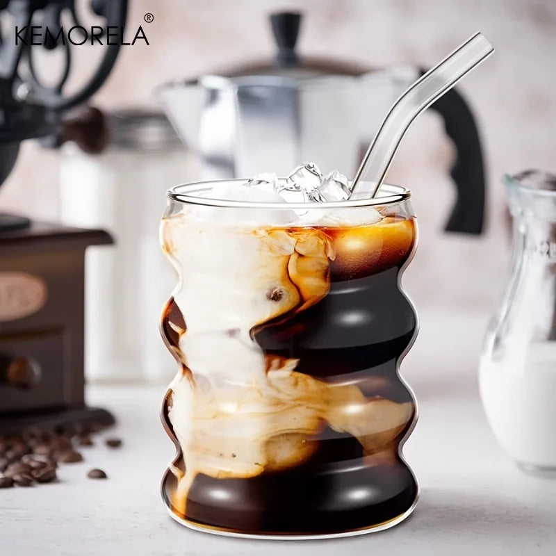 KEMORELA 380ml Ripple Vintage Glass Cups with Straws | Borosilicate Glass Drinkware Set Axl