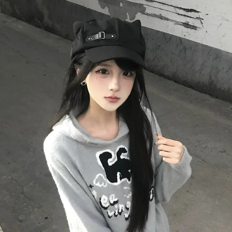 Women's Cat Ear Gothic Beret – Y2K Harajuku Punk Cotton Hat Gothic Beret Hat Axl