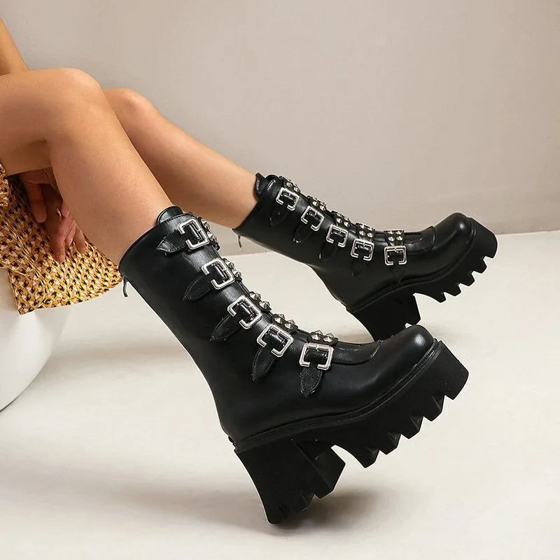 Women's Gothic Punk Knee-High Boots | Buckle PU Leather Knee-High Boots Axl