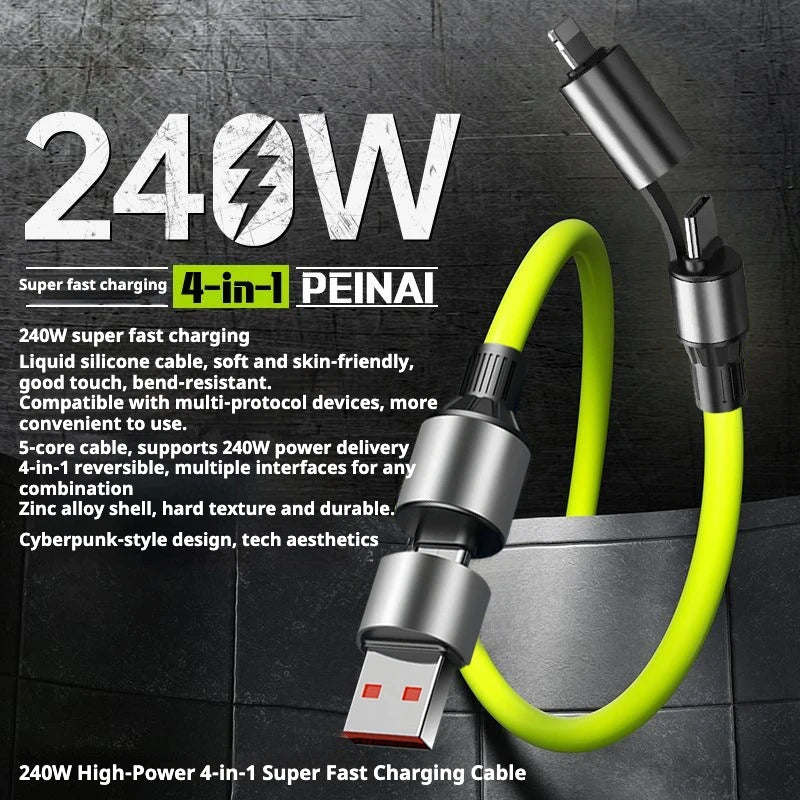 HKNA 240W Fast Charging Cable – 4-in-1 Dual Type-C, 1.2m USB Charging Cable Axl