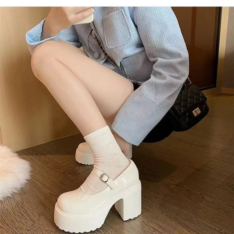 Women's Retro Platform Loafers – Buckle Strap Thick Heel Platform Loafers Axl