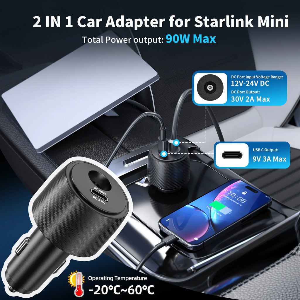 Starlink Mini Car Charger Adapter 90W DC 30V & USB-C Fast Charge Car Charger Adapter Axl