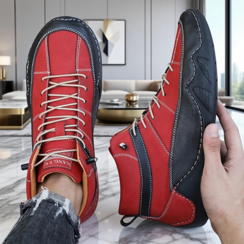 Men's Two-Tone High Top Leather Casual Sneakers | Color Block Men's Casual Sneakers Axl Red 39