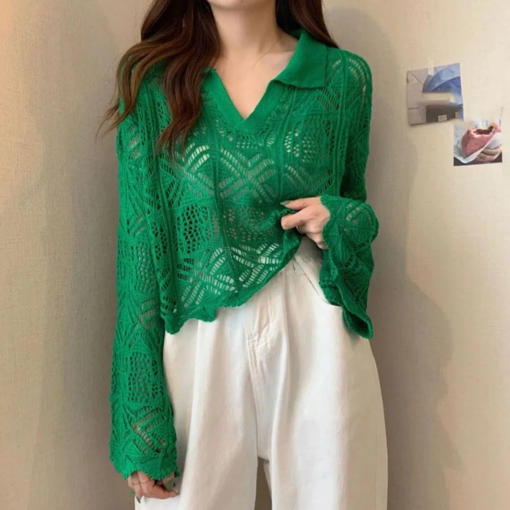 Women's V-Neck Crochet Hollow Knit Beach Top | Long Sleeve Crochet Knit Top Axl Green One Size