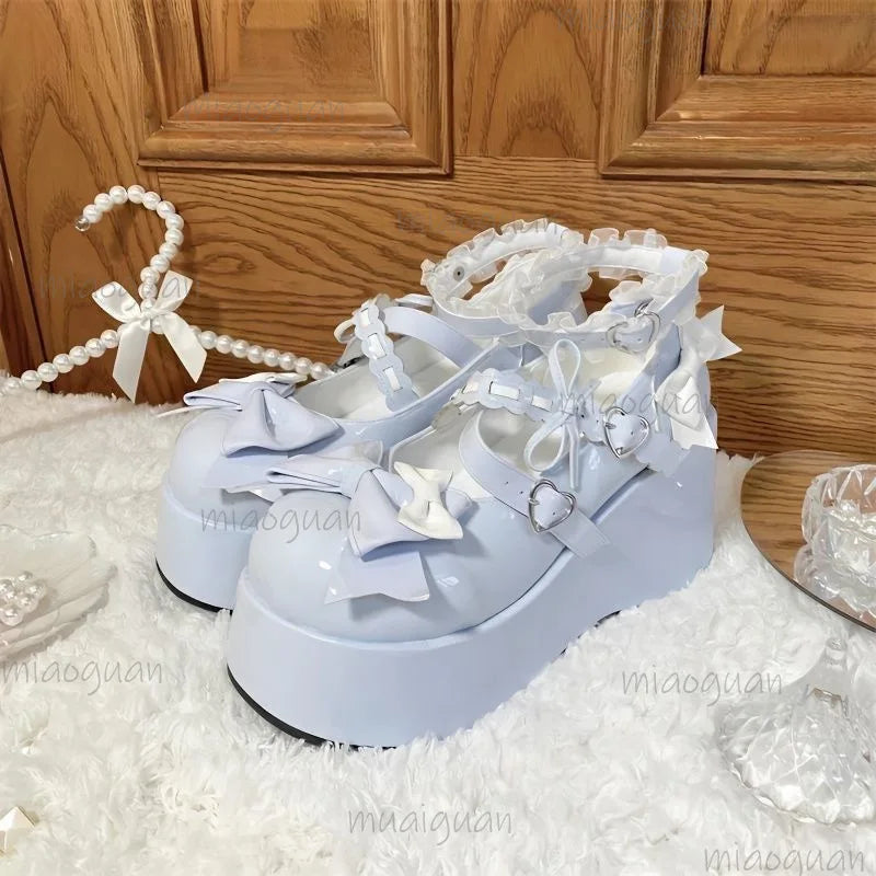 Women's Lace Bowknot Platform Mary Jane Shoes | Heart Buckle Platform Mary Janes Axl