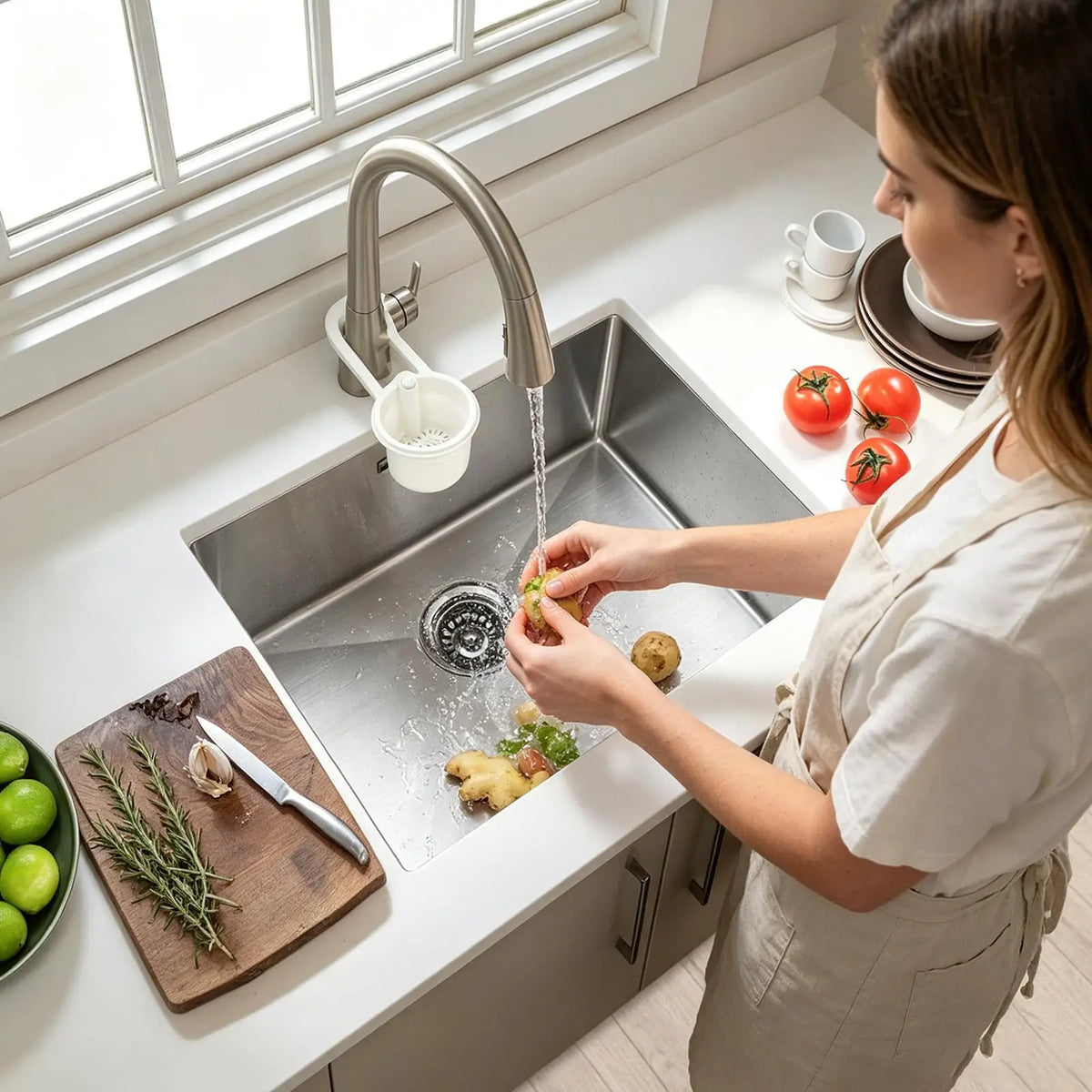 Sink Food Catcher Basket – Adjustable Push-to-Pour Drain Strainer Sink Drain Strainer Axl