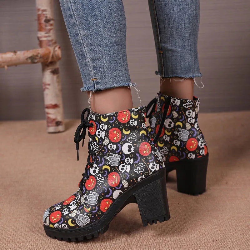 UXST Women's Halloween Printed Platform Ankle Boots | Square Heel Platform Ankle Boots Axl