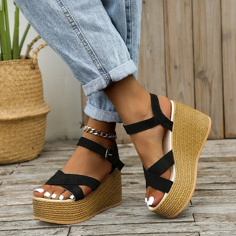 Women's Wedge Platform Sandals – Peep Toe Buckle Strap Heels Wedge Platform Sandals Axl 40 black