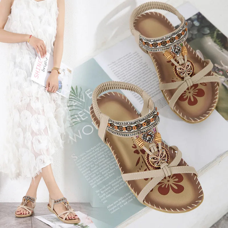 Women's Flower Rhinestone Flat Sandals | Open Toe Beach Shoes Flat Sandals Axl