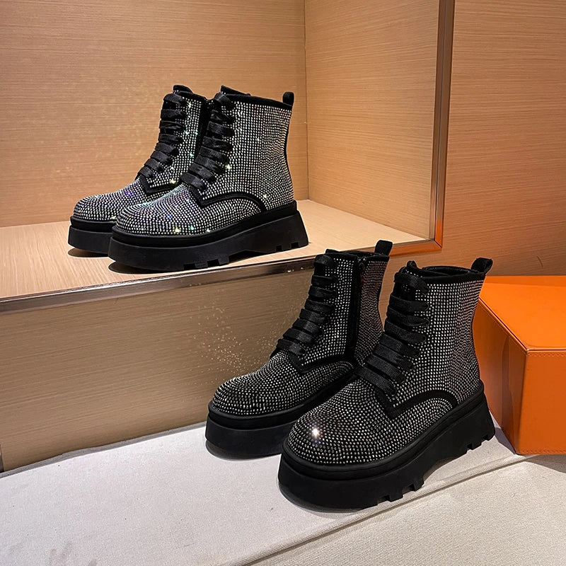 Women's Rhinestone Crystal Platform Ankle Boots | Winter Bling Platform Ankle Boots Axl