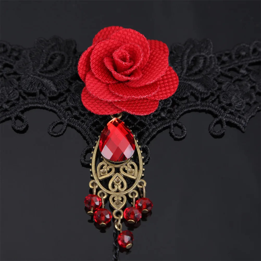 Gothic Lace Red Rose Bracelet with Adjustable Finger Ring Charm Bracelet Axl