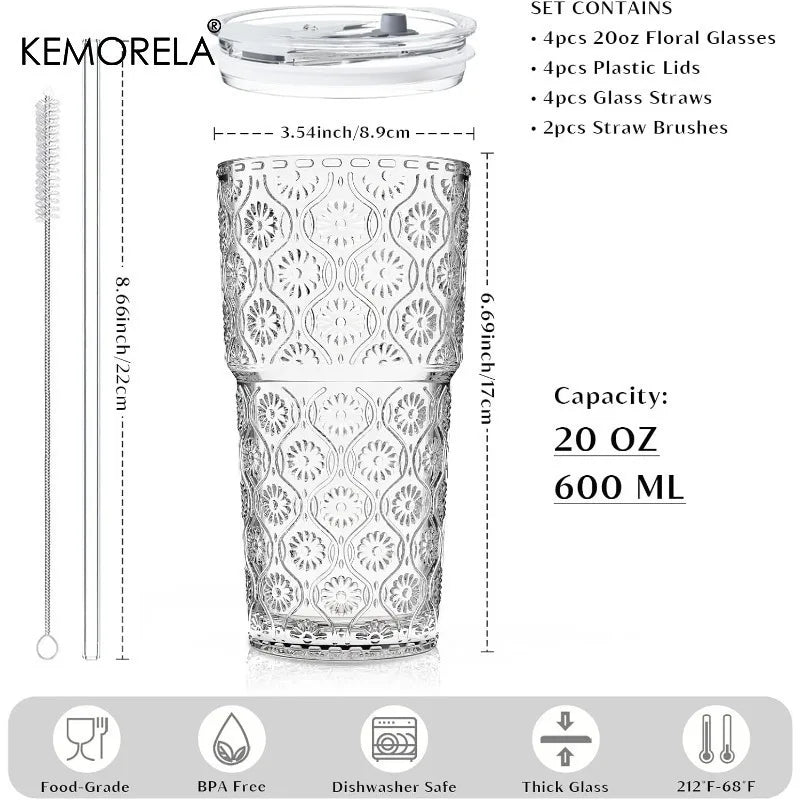 KEMORELA 600ml Begonia Glass Tumbler with Lid & Straw | 1-2 PCS Glass Tumbler Set Axl