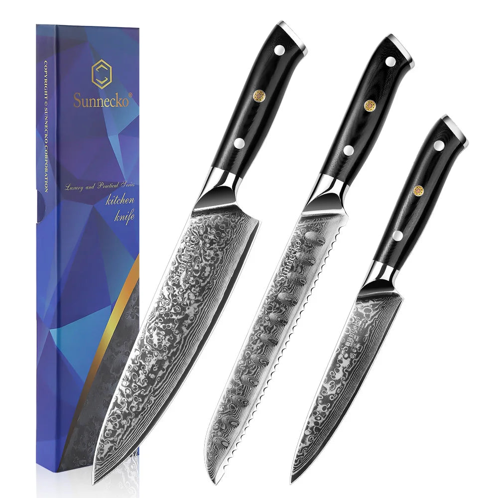 Sunnecko Damascus Kitchen Knife Set – 73-Layer VG10 Steel Damascus Knife Set Axl 3PCS Knives Set China Mainland