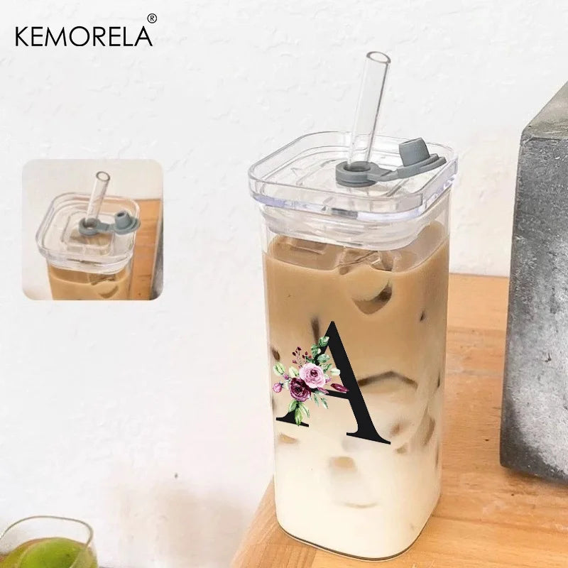 KEMORELA 300ml Letter-Shaped Glass Tumbler with Lid & Straw Glass Tumbler Axl