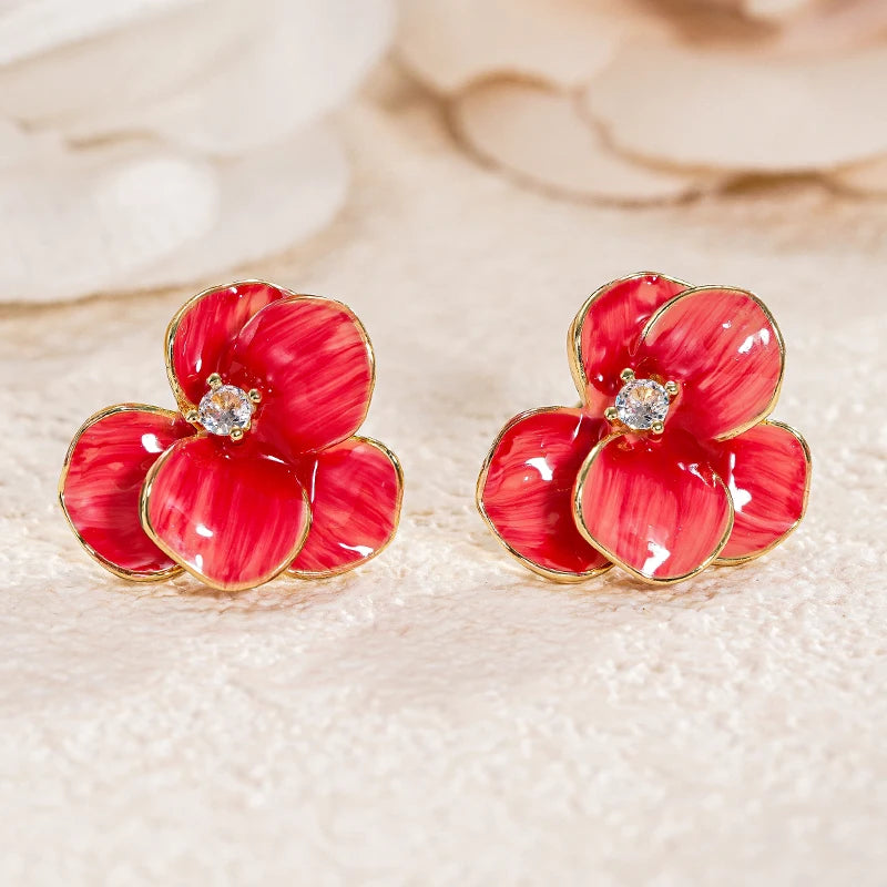 Huitan Red Enamel Flower Stud Earrings – Floral Women's Jewelry Floral Stud Earrings Axl