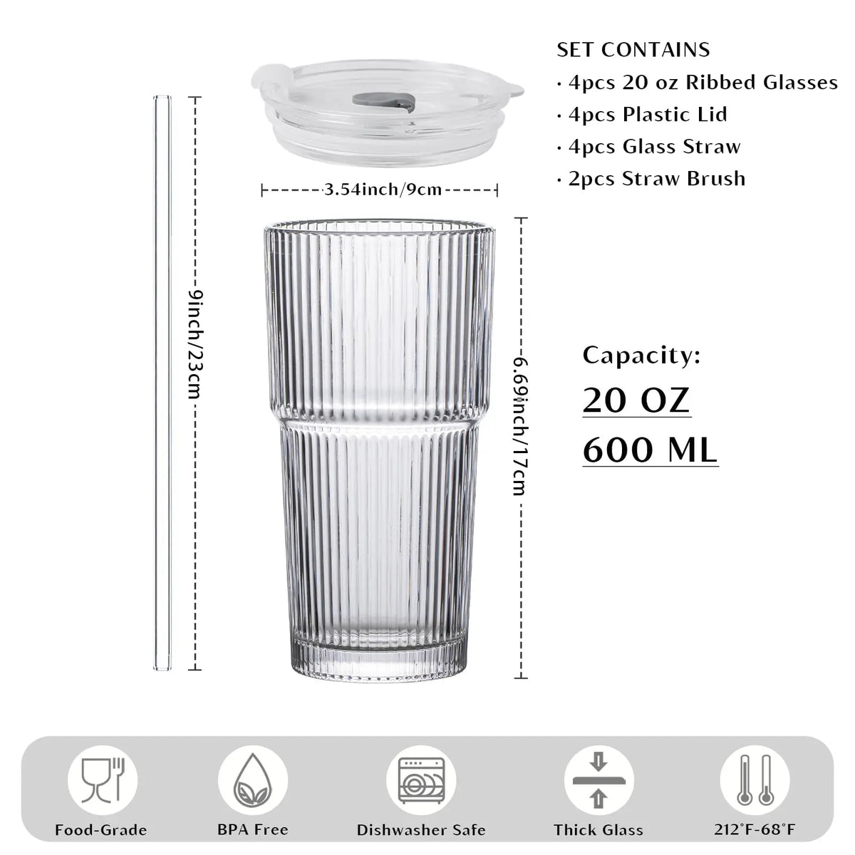 KEMORELA 590ml Ribbed Glass Tumblers with Lids & Straws 4-Pack Glass Tumbler Set Axl