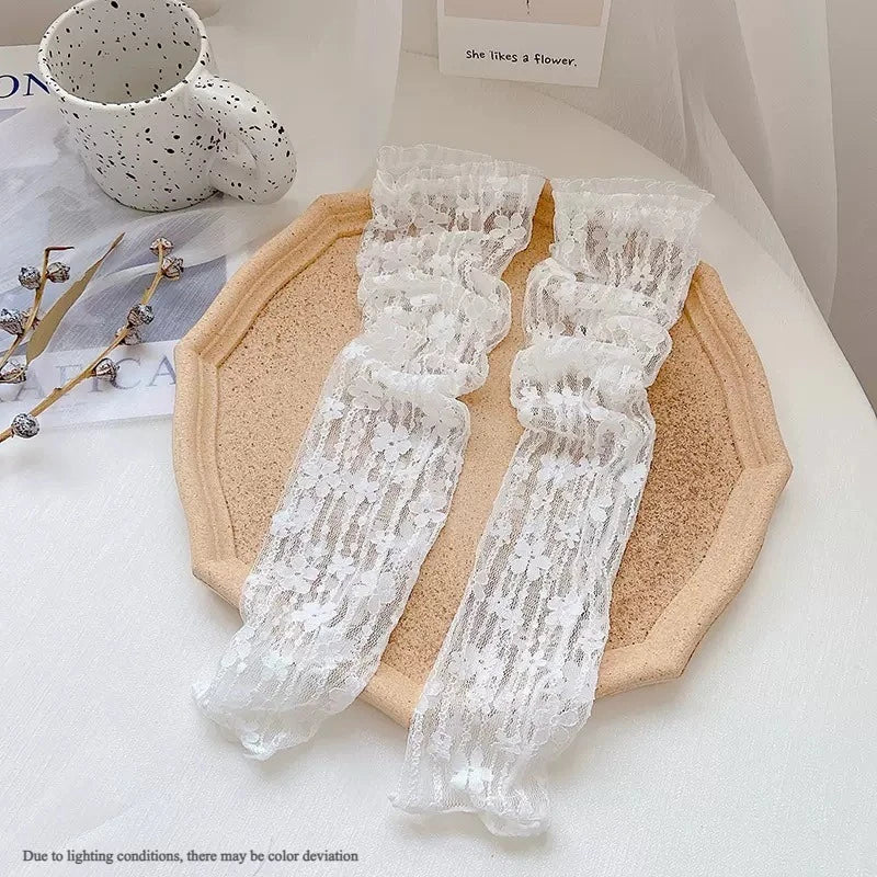 Women's Lace Half-Finger Gloves & Long UV Arm Sleeves Lace Arm Sleeves Axl white-1pair