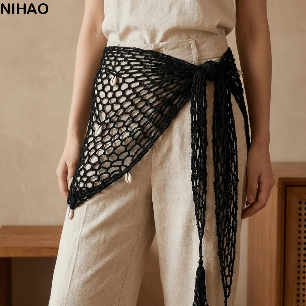 Korean Crochet Mesh Hip Scarf Wrap Skirt with Waist Belt Hip Scarf Wrap Axl