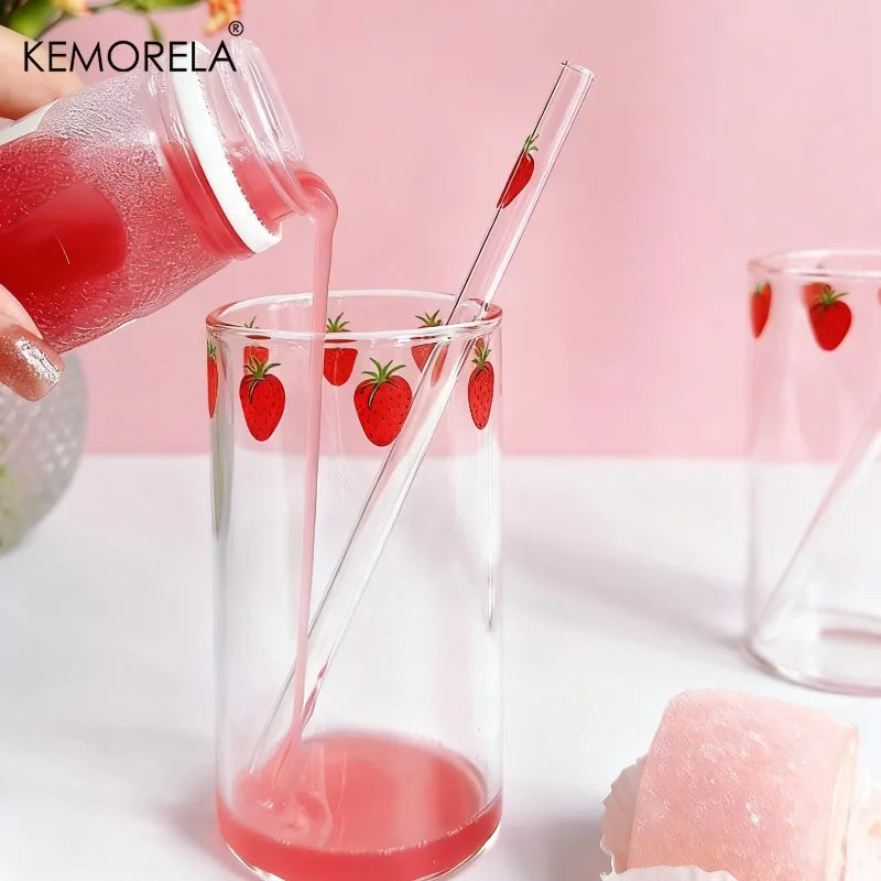 Cute Strawberry Glass Cup with Straw 300ml | KEMORELA Mug Glass Drinkware Axl