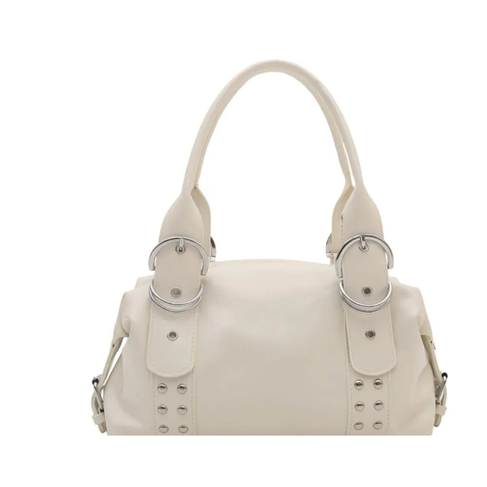 Y2K PU Leather Women's Rivet Shoulder Tote Bag | Large Capacity Shoulder Tote Bag Axl White