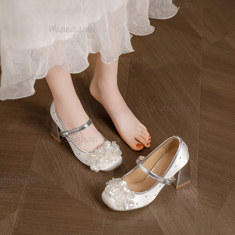 Rhinestone Flower Mary Jane Heels – Women's 7.5cm Party Pumps Mary Jane Pumps Axl
