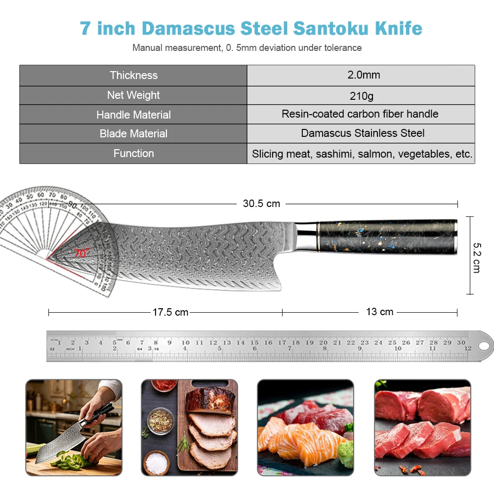 XITUO 7" Damascus Santoku Knife – Carbon Fiber Handle Santoku Kitchen Knife Axl