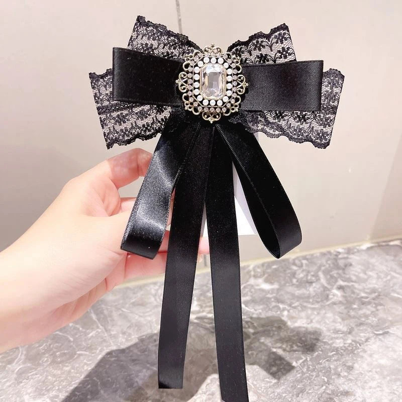 Cloth Art Bow Tie Rhinestone Bowknot Brooch for Women Rhinestone Brooch Pin Axl black