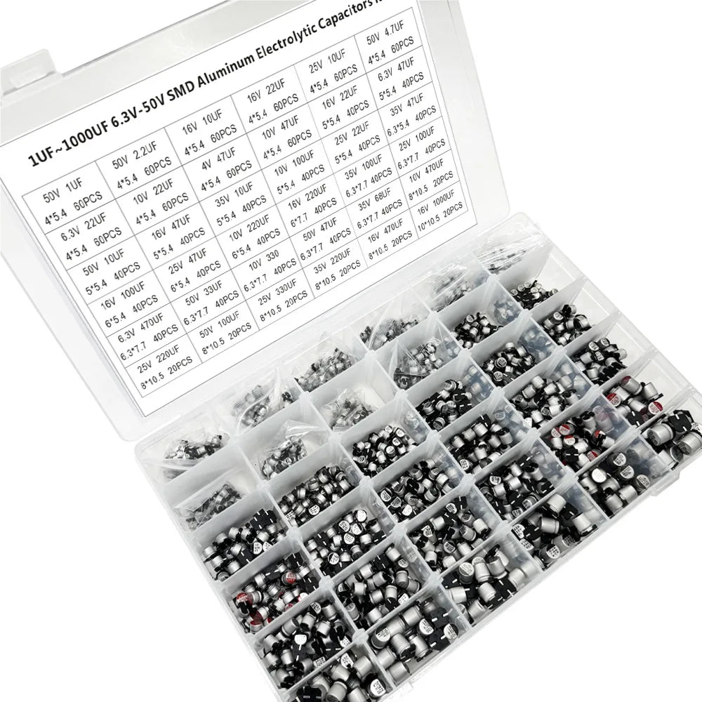 1500PCS SMD Electrolytic Capacitor Kit – 36 Values 1µF–1000µF Capacitor Assortment Kit Axl