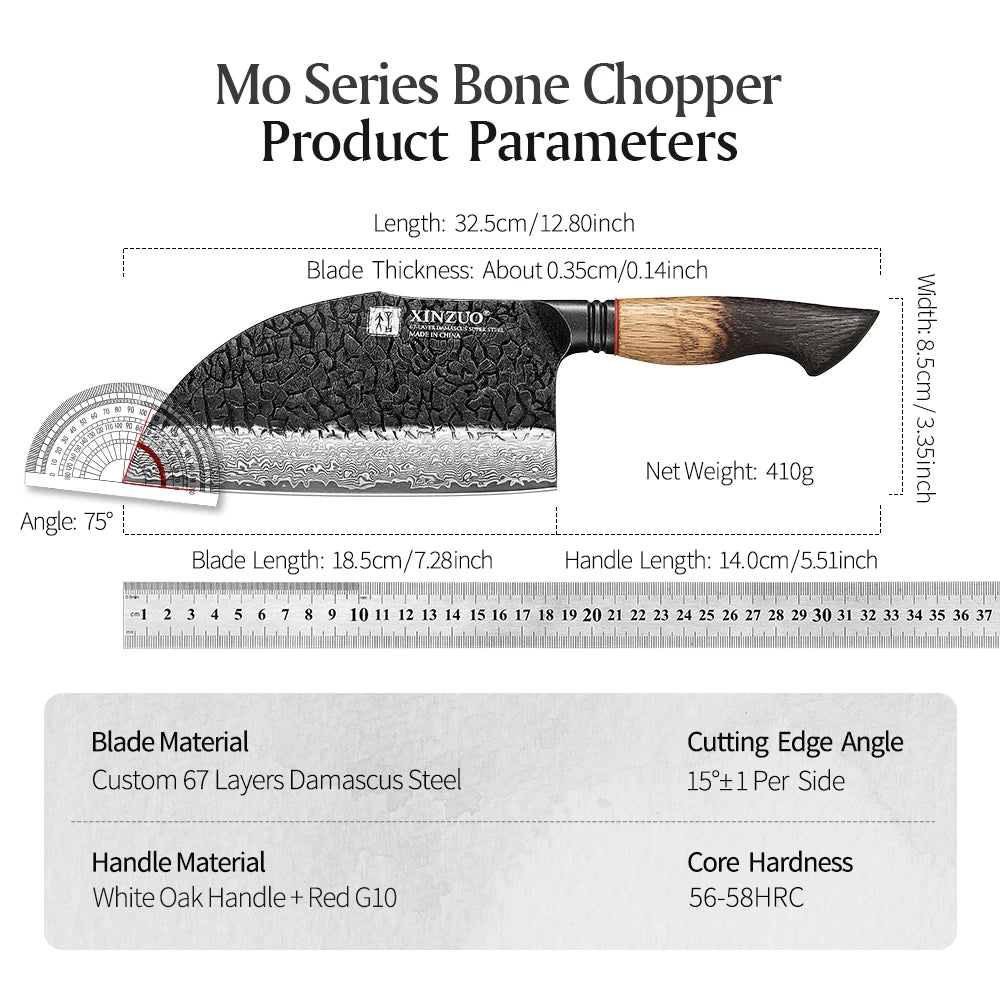 XINZUO 7.28" 67-Layer Damascus Bone Chopper – Oak & G10 Handle Damascus Bone Chopper Axl