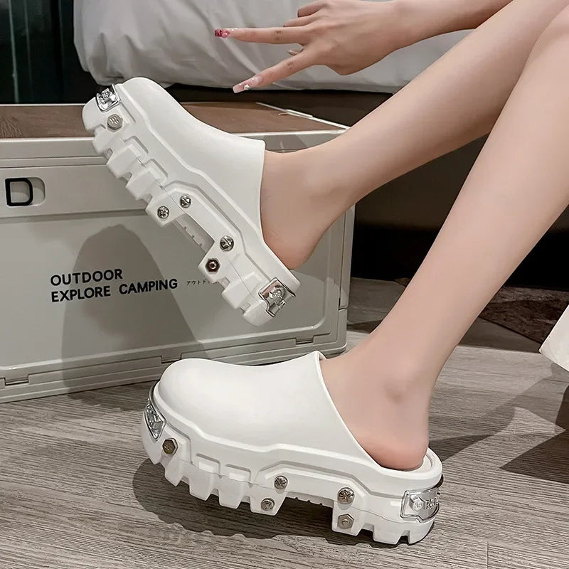 Women's Punk Rivet Platform Slippers – Thick EVA Anti-Slip Sole Platform Slippers Axl White-03 44-45