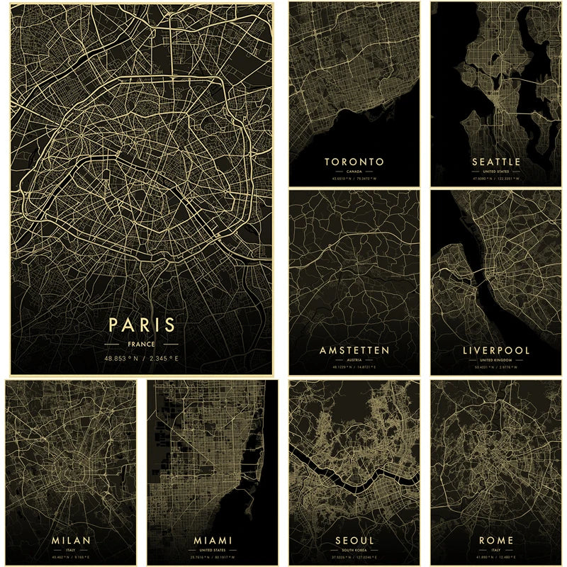 Vintage City Map Retro Poster – Paris Rome Florence Seattle Retro Wall Poster Axl