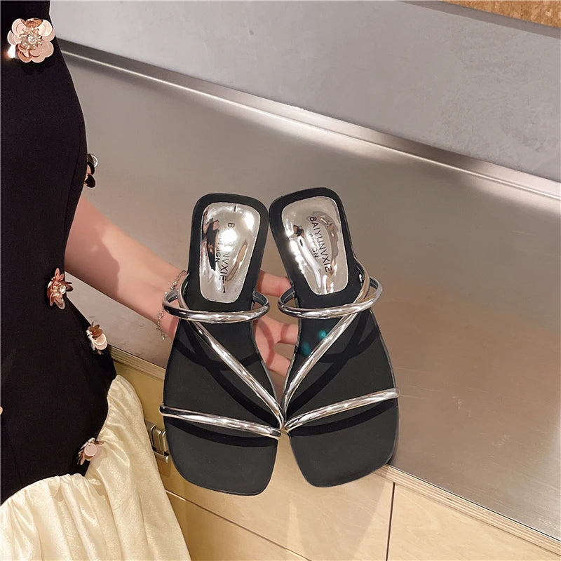 Women's Flat Block Heel Sandal Slippers – Summer Beach Slides Block Heel Sandals Axl 40 Silver